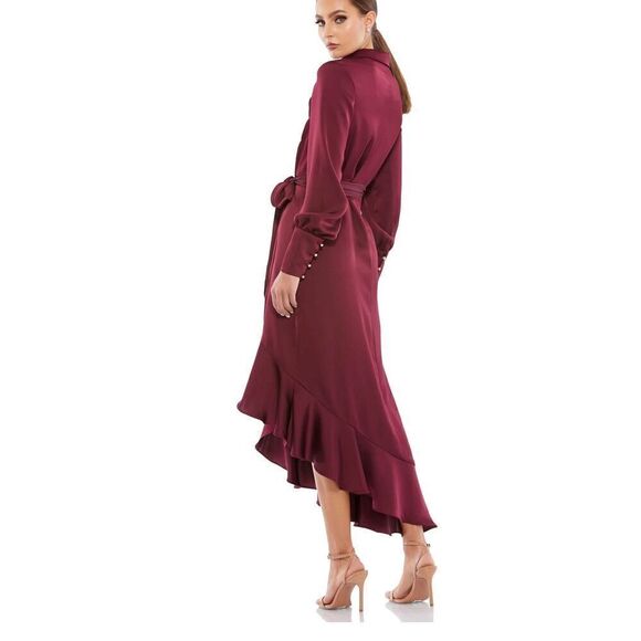 Mac Duggal Satin Ruffle Asymmetrical Midi Dress - Picture 2 of 13